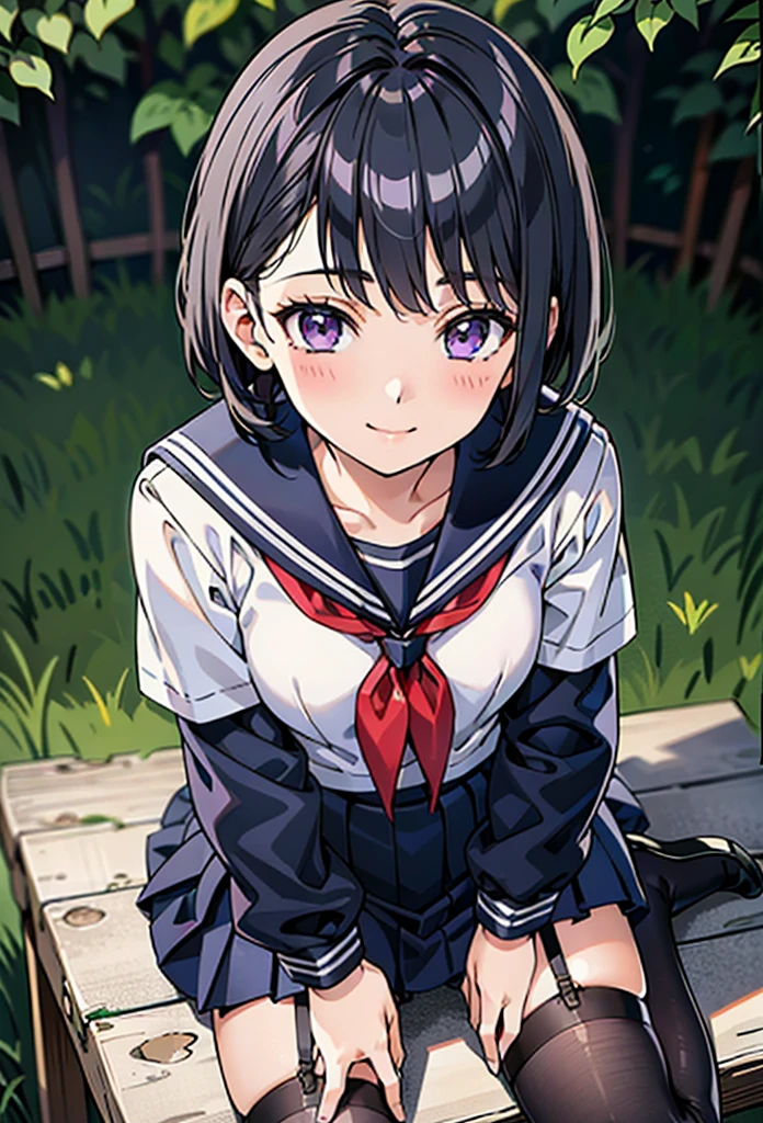 Sailor suit, One Woman, (Beautiful woman, Delicate schoolgirl:1.3), 8k, Highest quality, masterpiece, Very detailed, Ultra-high resolution, Realistic, RAW Photos, Absolute Resolution, Black Hair, Bobcut, face is small compared to body, Very small face, Black Hair, ((Navy blue sailor suit)), Navy Blue Skirt, 2D Rendering of Anime: High school girl wearing a sailor suit, ((White headband)), Small breasts, expensive, Slanted Eyes, Purple eyes, Black Stockings, garter belt, A shy smile, garden, (Thinking pose:1.3), (Top-down position:1.3), Blurred Background,