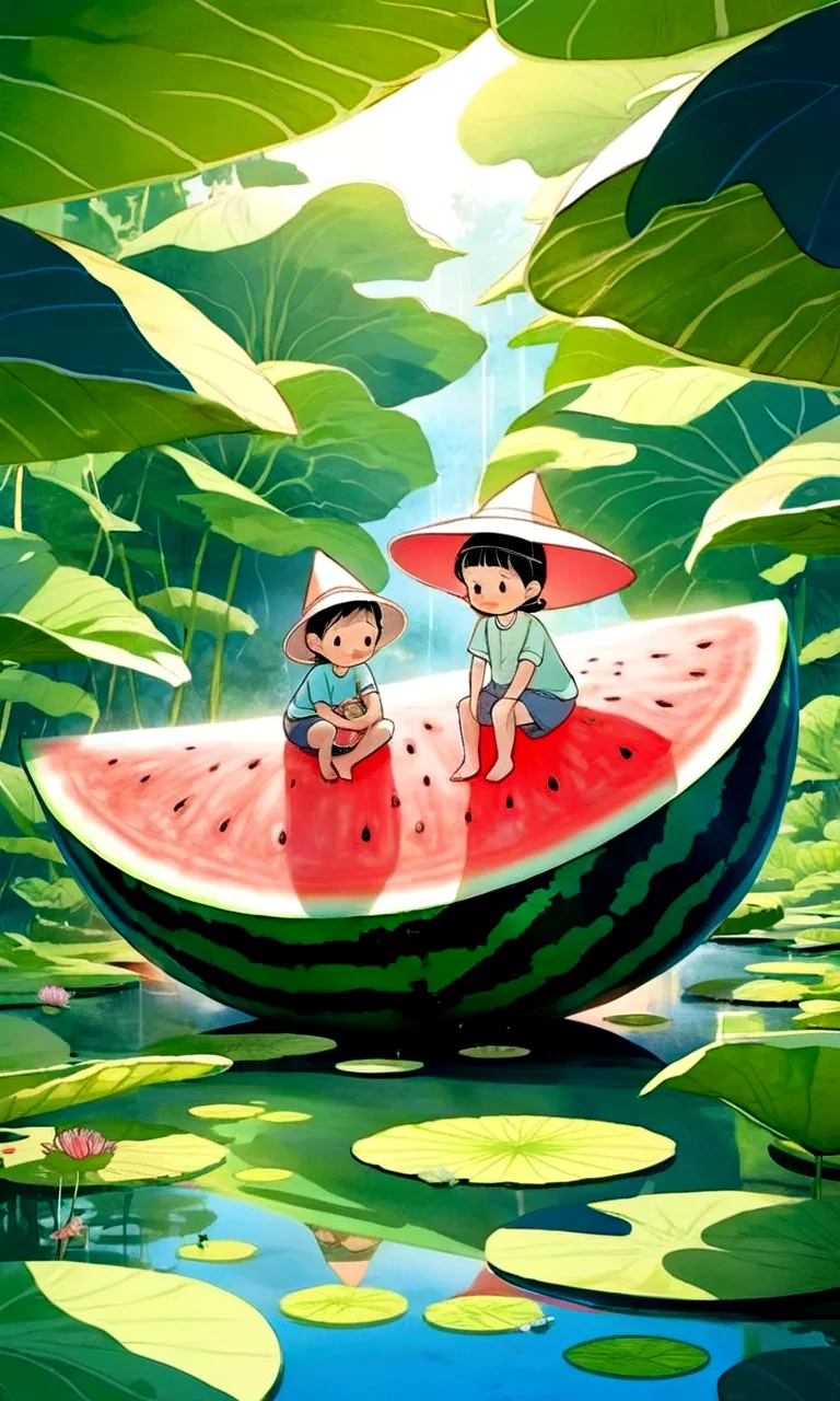 Vision，Hot summer，Two children sitting on a giant watermelon-shaped boat，Back，Wear a sun hat，Fundo verde claro，Summer elements，L...