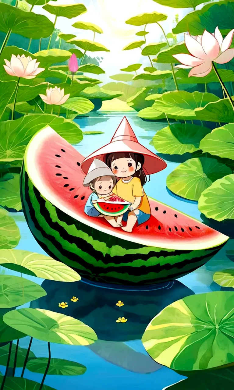 Vision，Hot summer，Two children sitting on a giant watermelon-shaped boat，Back，Wear a sun hat，Fundo verde claro，Summer elements，L...