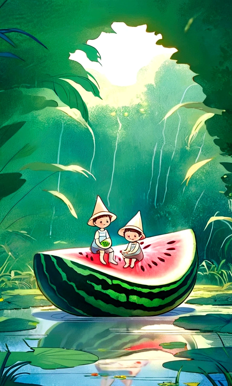 Vision，Heißer Sommer，Zwei Kinder sitzen auf einem riesigen wassermelonenförmigen Boot，zurück，Tragen Sie einen Sonnenhut，Hellgrüner Hintergrund，Sommerelemente，Lotus Pond，Ein heißer, sonniger Tag im Hochsommer，Comic-Stil，Frische und schöne Atmosphäre