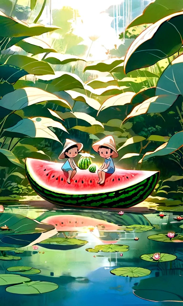 Vision，Hot summer，Two children sitting on a giant watermelon-shaped boat，Back，Wear a sun hat，Fundo verde claro，Summer elements，L...