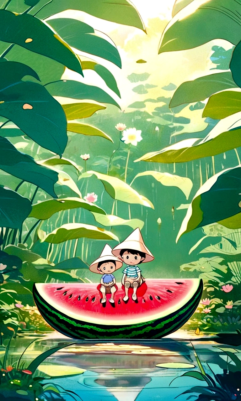 想像，炎熱的夏天，兩個孩子坐在一艘巨大的西瓜形船上，後退，戴上遮阳帽，淺綠色背景，夏季元素，荷花池，熱的, 盛夏的晴天，漫畫風格，清新美麗的氛圍