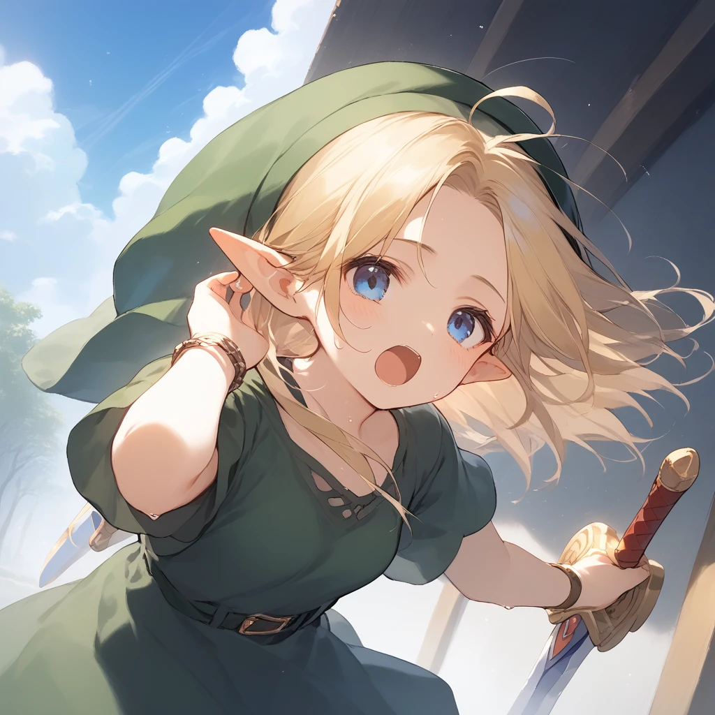 score_9, score_8_up, score_7_up, source_anime, best quality, masterpiece, official art, absurdres, highres, ultra-detailed,waifu2x,Collection: Slice of Life,break,1girl, YoungLink,13-year-old, small breasts, blonde hair, green tunic, pointy ears, hat, solo, blue eyes,green_headwear belt, sword, sweat, open mouth, (yawn:0.3), sleepily, outdoors, wind,break,(clear line illustration:1.2), super detailed skin,very high resolution, very aesthetic, Best sexual lighting powered by famous artist, 8k,cute picture,beauty illustration,photoshop_(medium),,(Detailed Lighting),best anime 8k konachan wallpaper, pixiv contest winner, 