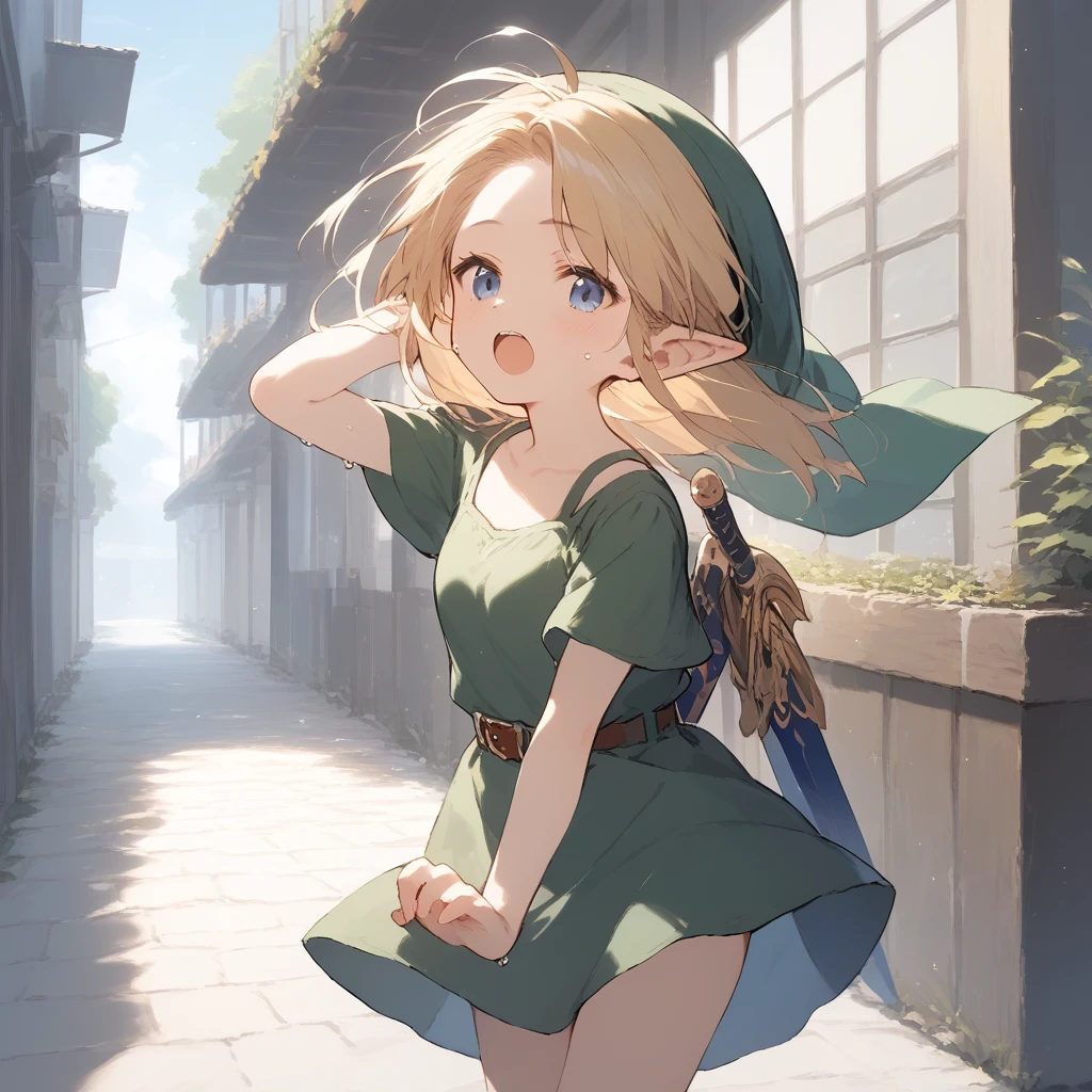 score_9, score_8_up, score_7_up, source_anime, best quality, masterpiece, official art, absurdres, highres, ultra-detailed,waifu2x,Collection: Slice of Life,break,1girl, YoungLink,13-year-old, small breasts, blonde hair, green tunic, pointy ears, hat, solo, blue eyes,green_headwear belt, sword, sweat, open mouth, (yawn:0.3), sleepily, outdoors, wind,break,(clear line illustration:1.2), super detailed skin,very high resolution, very aesthetic, Best sexual lighting powered by famous artist, 8k,cute picture,beauty illustration,photoshop_(medium),,(Detailed Lighting),best anime 8k konachan wallpaper, pixiv contest winner, 