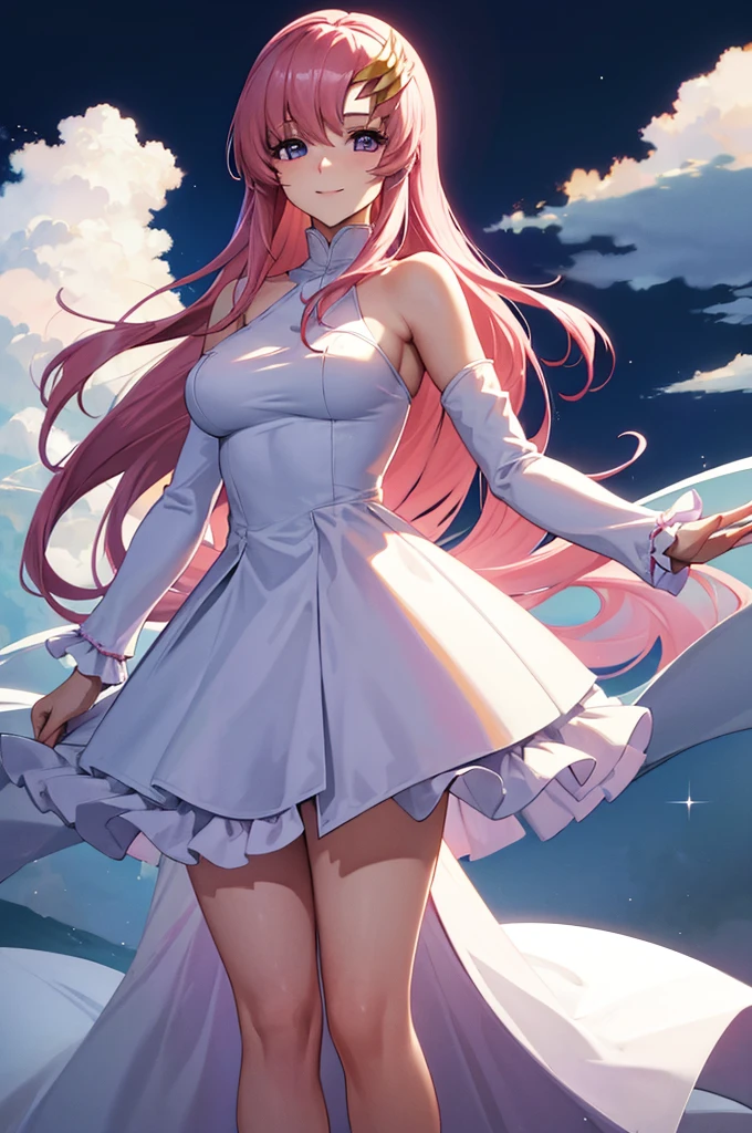 (masterpiece:1.3), (best quality:1.1), (8k, ultra detailed, ultra high res:1.2), ((anime style)), perfect 5 fingers, perfect anatomy, 
1girl,
BREAK long hair, 
pink hair, 
purple eyes,  
long dress, white dress, long sleeve, frill, frill skirt, detached sleeves, shoulder hole tops
looking at viewer, smile, standing, 
(cowboy shot1.5), 
perfect light, 
(detailed background:1.2), space, the cosmos, galaxy, 