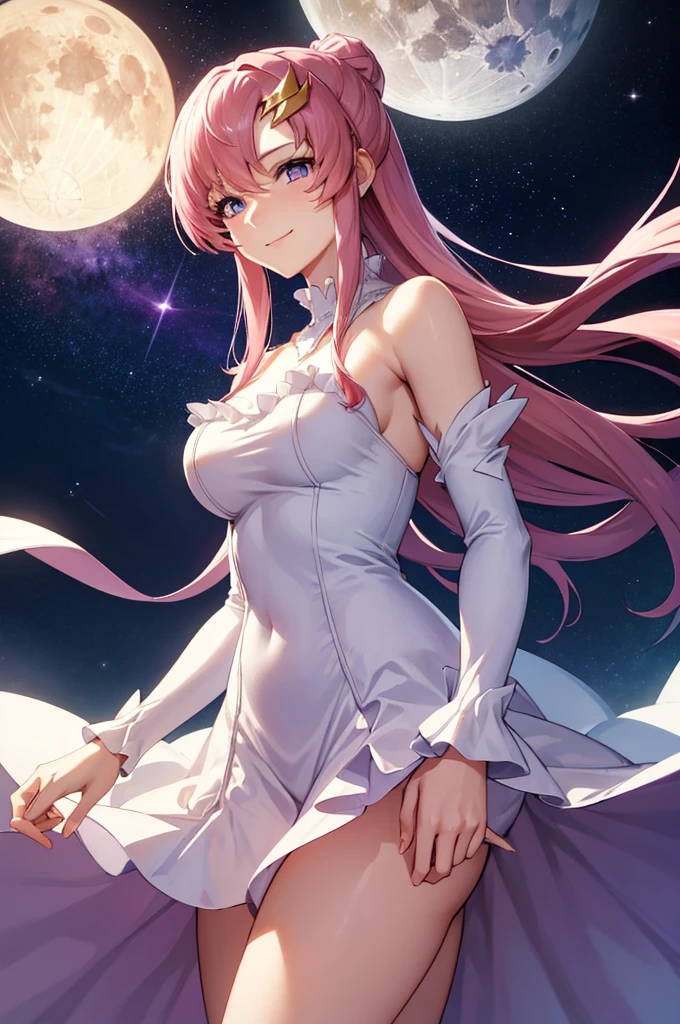 (masterpiece:1.3), (best quality:1.1), (8k, ultra detailed, ultra high res:1.2), ((anime style)), (perfect 5 fingers, perfect anatomy), 
1girl,
BREAK long hair, 
pink hair, 
purple eyes,  
long dress, white dress, long sleeve, frill, frill skirt, detached sleeves, shoulder hole tops
looking at viewer, smile, standing, 
(cowboy shot1.5), 
perfect light, 
(detailed background:1.2), space, sun, star, moon, the cosmos, galaxy, 