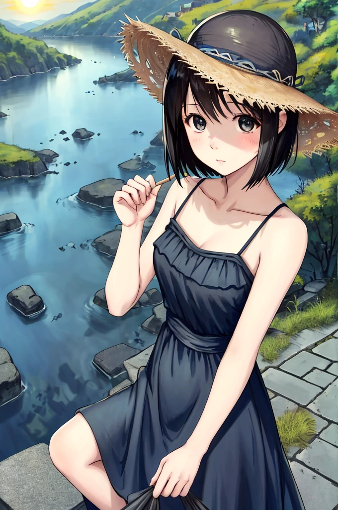 (masterpiece)、Highest quality、Ultra-high resolution、in front_Misaki、Short Hair、cute、Black long dress、Cobblestone Street、 face、blue sea、Beautiful Landscape、Straw hat、View your viewers、Wave one hand、The blazing sun、beautiful girl、Blue sky、