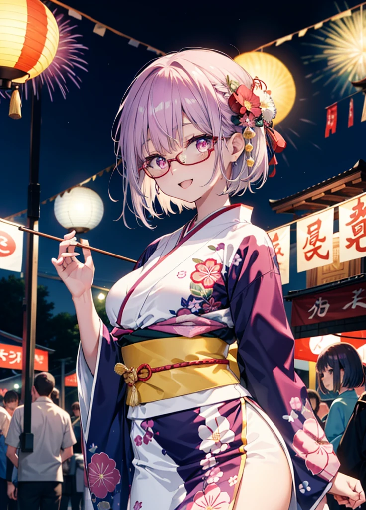 akaneshinjou, akane shinjou, cabello morado claro, (Ojos rosados:1.2), happy sonrisas, adornos de flores para el cabello,sonrisa, abre la boca,cabello corto,Gafas con montura roja,pechos grandes,kimono morado,Mangas gruesas,Festivales japoneses,Puestos de comida del festival de verano.,Red Lantern,Fuegos artificiales,場所はFuegos artificiales大会、el tiempo es noche,Están de pie,todo el cuerpoがイラストの中に入っていくように,
descanso mirando al espectador, todo el cuerpo, 　　　　　　　　romper en el interior, habitación,　　　　　　　　　　 　　　break (obra maestra:1.2), de la máxima calidad, Alta resolución, fondo de pantalla de unidad 8k, (forma:0.8), (Bellos y bellos ojos:1.6), Cara muy detallada, Iluminación perfecta, CG extremadamente detallado, (manos perfectas, anatomía perfecta),