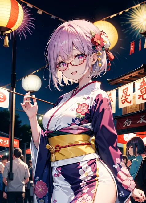 akaneshinjou, shinjou akane, Light purple hair, (Pink Eyes:1.2), happy smiles, Flower Hair Ornaments,smile, Open your mouth,shor...
