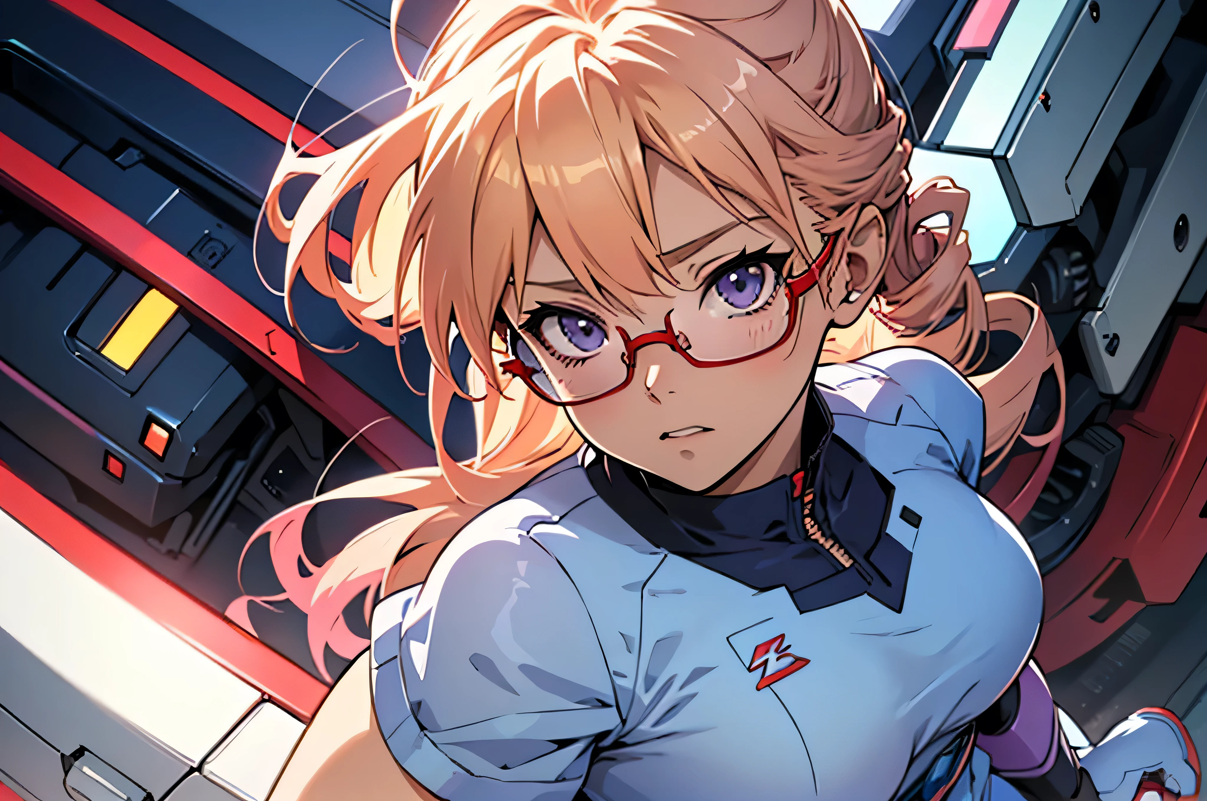 anime,An illustration,purple robot,Mobile Suit,Dom,Light blue check dress,Red glasses,Blonde,Light blue mesh hair,beautiful girl,Sora Sakurano,One person