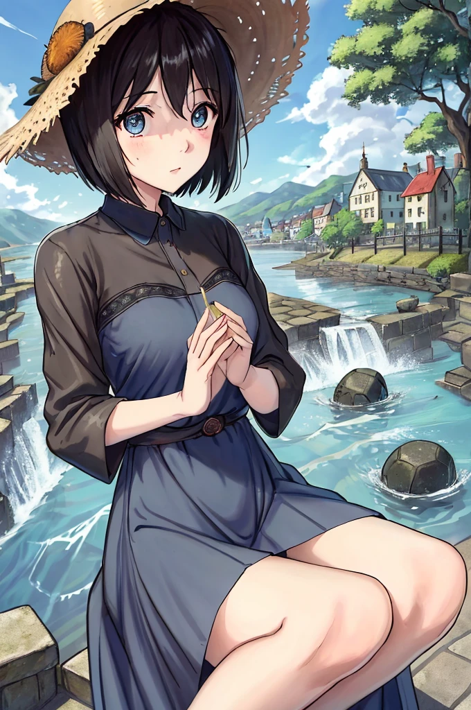 (masterpiece)、Highest quality、Ultra-high resolution、in front_Misaki、Short Hair、cute、Black long dress、Cobblestone Street、 face、blue sea、Beautiful Landscape、Straw hat、View your viewers、Wave one hand、The blazing sun、beautiful girl、Blue sky、Coca-Cola　、Hollow Eyes