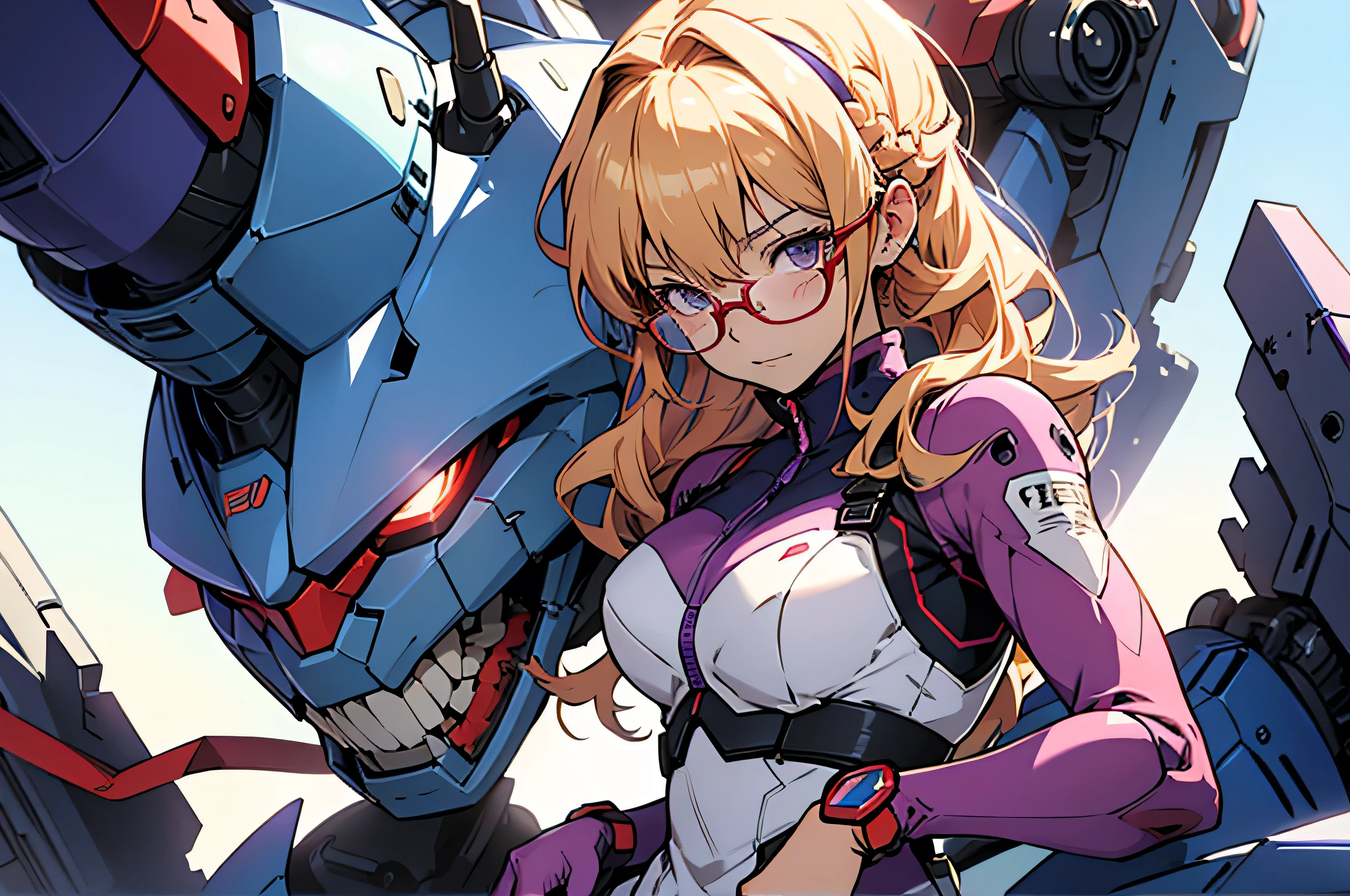 anime,An illustration,purple robot,Mobile Suit,Dom,Light blue check dress,Red glasses,Blonde,Light blue mesh hair,beautiful girl,Sora Sakurano,One person