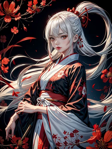 a girl in a kimono standing with a japanese sword, white medium hair, red eyes, red lips, kimono with red spider lilies on a bla...