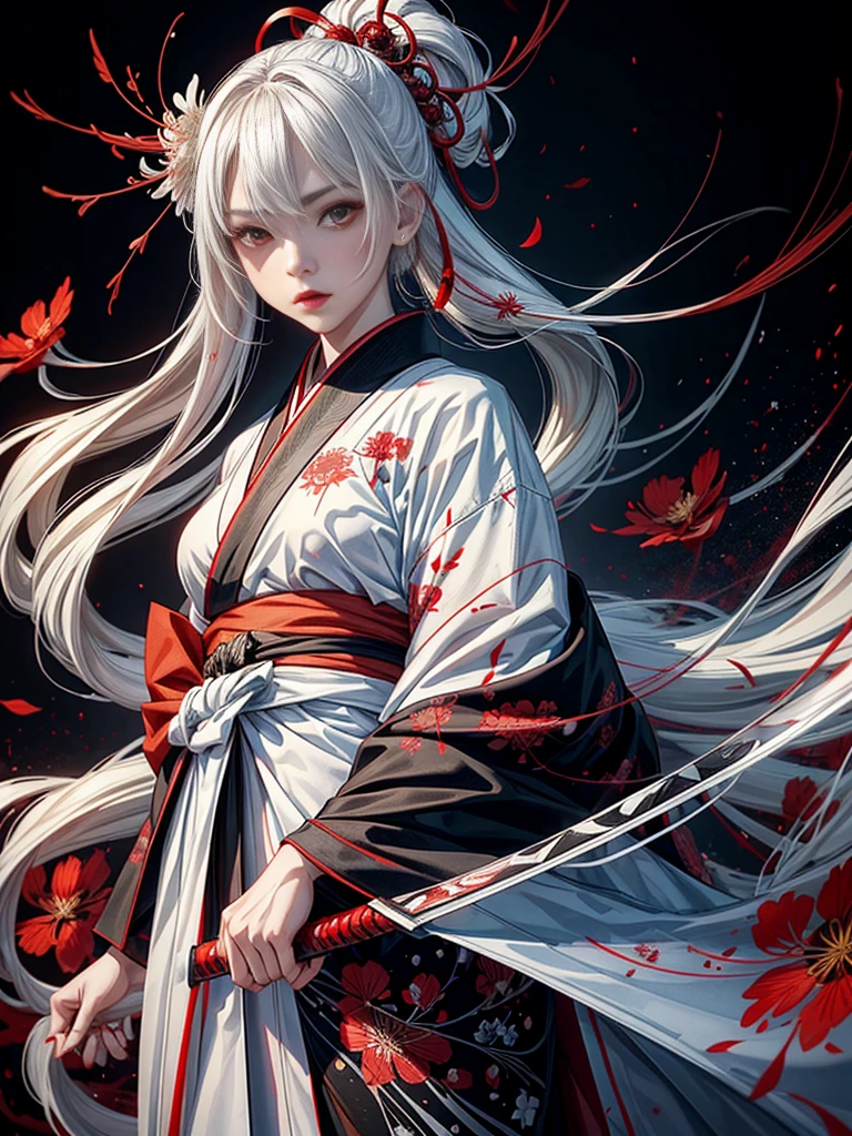 A girl in a kimono standing with a Japanese sword, White medium hair, Red eyes, Red lips, Kimono with red spider lilies on a black background, Red splash pattern on a black background, super high quality, Ultra-fine detail, Ultra-thin kimono pattern