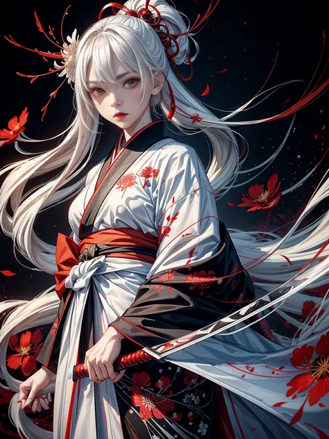 a girl in a kimono standing with a japanese sword, white medium hair, red eyes, red lips, kimono with red spider lilies on a bla...