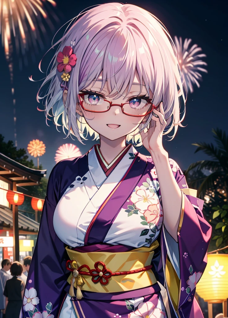 akaneshinjou, shinjou akane, Light purple hair, (Pink Eyes:1.2), happy smiles, Flower Hair Ornaments,smile, Open your mouth,short hair,Red-rimmed glasses,Big Breasts,Purple kimono,Thick sleeves,Japanese Festivals,Summer festival food stalls,Red Lantern,firework,場所はfirework大会、Time is night,Are standing,whole bodyがイラストの中に入っていくように,
break looking at viewer, whole body, 　　　　　　　　break indoors, room,　　　　　　　　　　 　　　break (masterpiece:1.2), Highest quality, High resolution, unity 8k wallpaper, (shape:0.8), (Beautiful and beautiful eyes:1.6), Highly detailed face, Perfect lighting, Extremely detailed CG, (Perfect hands, Perfect Anatomy),