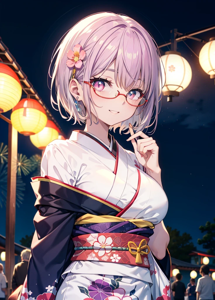 akaneshinjou, shinjou akane, hellviolette Haare, (rosa Augen:1.2), happy lächelns, Blumen Haarschmuck,lächeln, Öffne deinen Mund,Kurzes Haar,rot umrandete Brille,große Brüste,Lila Kimono,Dicke Ärmel,Japanische Festivals,Essensstände beim Sommerfest,Rote Laterne,Feuerwerk,場所はFeuerwerk大会、Die Zeit ist Nacht,Stehen,ganzer Körperがイラストの中に入っていくように,
brechen looking at viewer, ganzer Körper, 　　　　　　　　brechen indoors, Zimmer,　　　　　　　　　　 　　　brechen (Meisterwerk:1.2), höchste Qualität, Hohe Auflösung, Einheit 8k Hintergrundbild, (Form:0.8), (Schöne und schöne Augen:1.6), sehr detailliertes Gesicht, Perfekte Beleuchtung, extrem detaillierte CG, (perfekte Hände, Perfekte Anatomie),