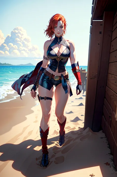 a woman with red hair, a very beautiful berserker woman, a pioneering barbarian pirate, wearing warrior leather armor, wearing l...