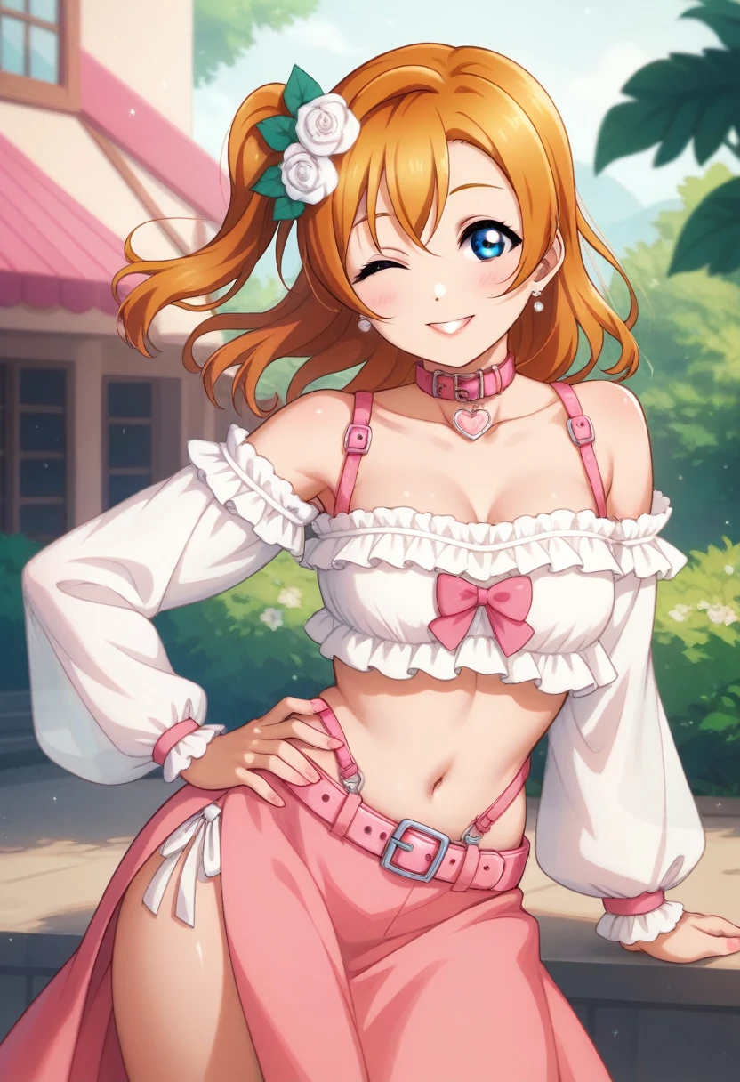 Honoka kousaka love live, cowboy shot, blue eyes, orange hair,hair flower, solo, loose crop top, frilly,long sleeve,long skirt, front thigh cutout,pink loose belt,thin straps, shiny moist skin, sexy, spoken heart , (lipstick:0.7), wink ,hand on hip, side slit