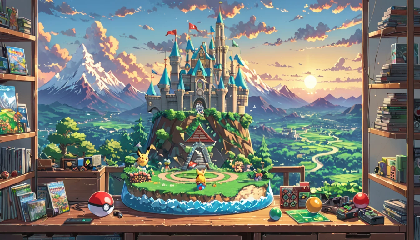 ((Anime: 1.4, Illustration)), (Masterpiece, Top Quality, Best Quality), (Ultra-Detailed, Absolutely Resolution), ((16k, HIGH RES)) (inspired by Nintendo. The scene should feature iconic elements like a vibrant, whimsical landscape with Mario, Link, and Pikachu. Include elements like the Super Mario castle, Hyrule's Triforce, and Poké Balls. The background should be colorful and playful, capturing the essence of classic Nintendo games. Use bright colors and dynamic poses to bring the characters to life in a joyful, adventurous setting.), ( Anime: 1.4, Illustration)), (Masterpiece, Top Quality, Best Quality), (Ultra-Detailed, Absolutely Resolution). Ak {Lofi Art, Style of Laurie Greasley, Style of Makoto Shinkai, Anime Aesthetic}, BREAK {(Produces IMAGES WITH ITH INFORMATION THAN 40 Million Pixels with Cinematic-Like Detailed Textures S Hot on a Sony slur).}