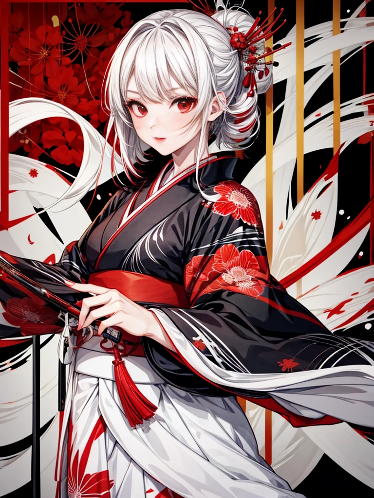 A girl in a kimono standing with a Japanese sword, White medium hair, Red eyes, Red lips, Kimono with red spider lilies on a black background, Red splash pattern on a black background, super high quality, Ultra-fine detail, Ultra-thin kimono pattern,Japanese geometric pattern background、