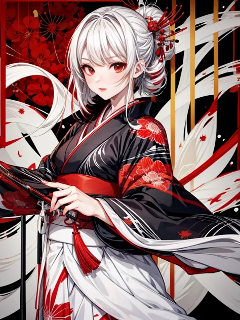 a girl in a kimono standing with a japanese sword, white medium hair, red eyes, red lips, kimono with red spider lilies on a bla...