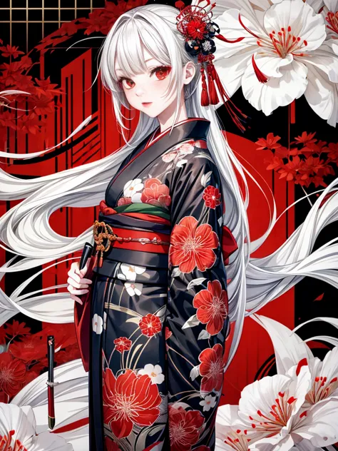 a girl in a kimono standing with a japanese sword, white medium hair, red eyes, red lips, kimono with red spider lilies on a bla...