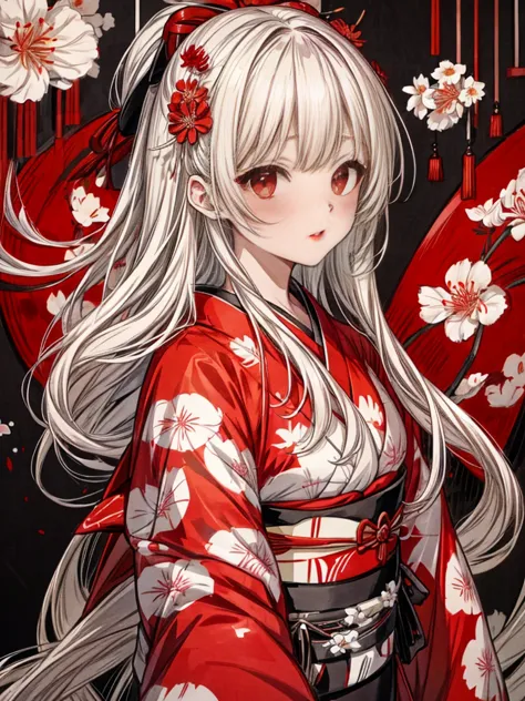 A girl in a kimono standing with a Japanese sword, White medium hair, Red eyes, Red lips, Kimono with red spider lilies on a bla...