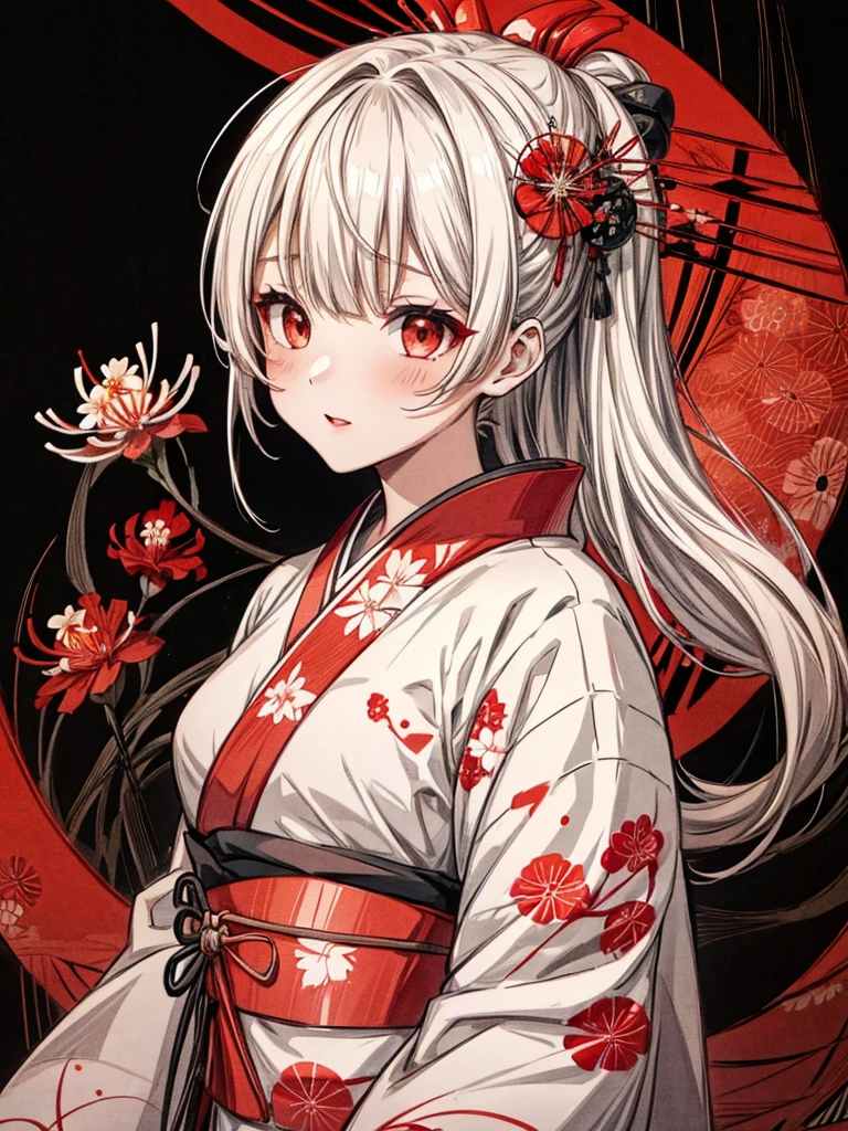 Una niña con un kimono de pie con una espada japonesa, Pelo Blanco Medio, ojos rojos, labios rojos, Kimono con lirios araña rojos sobre fondo negro, Patrón de salpicaduras rojas sobre un fondo negro, calidad súper alta, Detalle ultrafino, Patrón de kimono ultrafino,Fondo de patrón geométrico japonés、