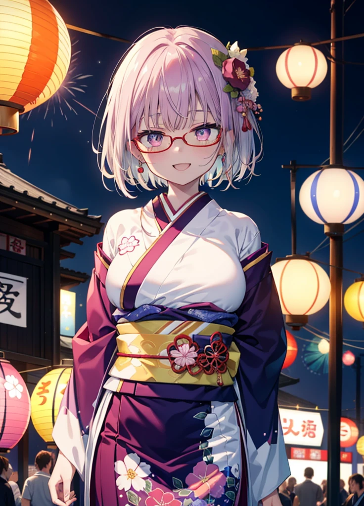 akaneshinjou, akane shinjou, cabello morado claro, (Ojos rosados:1.2), happy sonrisas, adornos de flores para el cabello,sonrisa, abre la boca,cabello corto,Gafas con montura roja,pechos grandes,kimono morado,Falda larga,Mangas gruesas,Festivales japoneses,Puestos de comida del festival de verano.,Red Lantern,Fuegos artificiales,場所はFuegos artificiales大会、el tiempo es noche,Están de pie,todo el cuerpoがイラストの中に入っていくように,
descanso mirando al espectador, todo el cuerpo, 　　　　　　　　romper en el interior, habitación,　　　　　　　　　　 　　　break (obra maestra:1.2), de la máxima calidad, Alta resolución, fondo de pantalla de unidad 8k, (forma:0.8), (Bellos y bellos ojos:1.6), Cara muy detallada, Iluminación perfecta, CG extremadamente detallado, (manos perfectas, anatomía perfecta),