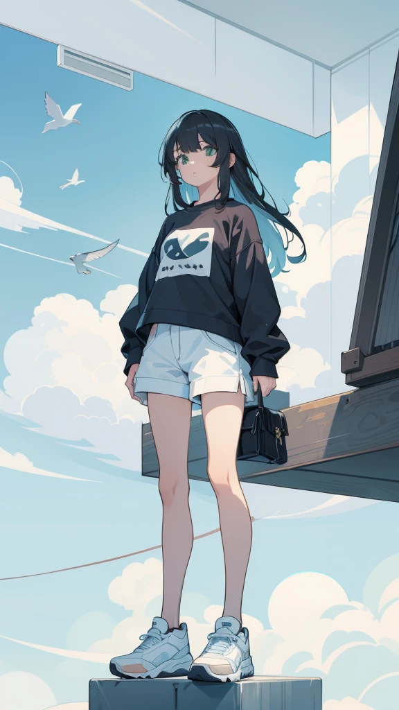 masterpiece, Exquisite detail,Highest quality, One girl, alone, handrail, cloud, Looking up at the buildings,Long Hair, NULL, Long sleeve, sneakers, Power lines, White footwear, Black Hair, View your viewers, Electric pole, bangs, cloudy NULL, fish, bird, Green Eyes, Shorts, Day, Black Shirt, barefoot,Whale flying in the sky,Giant whale