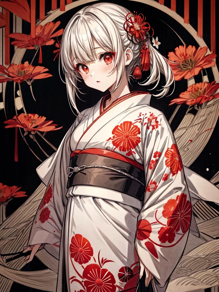 A girl in a kimono standing with a Japanese sword, White medium hair, Red eyes, Red lips, Kimono with red spider lilies on a black background, Red splash pattern on a black background, super high quality, Ultra-fine detail, Ultra-thin kimono pattern,Japanese geometric pattern background、