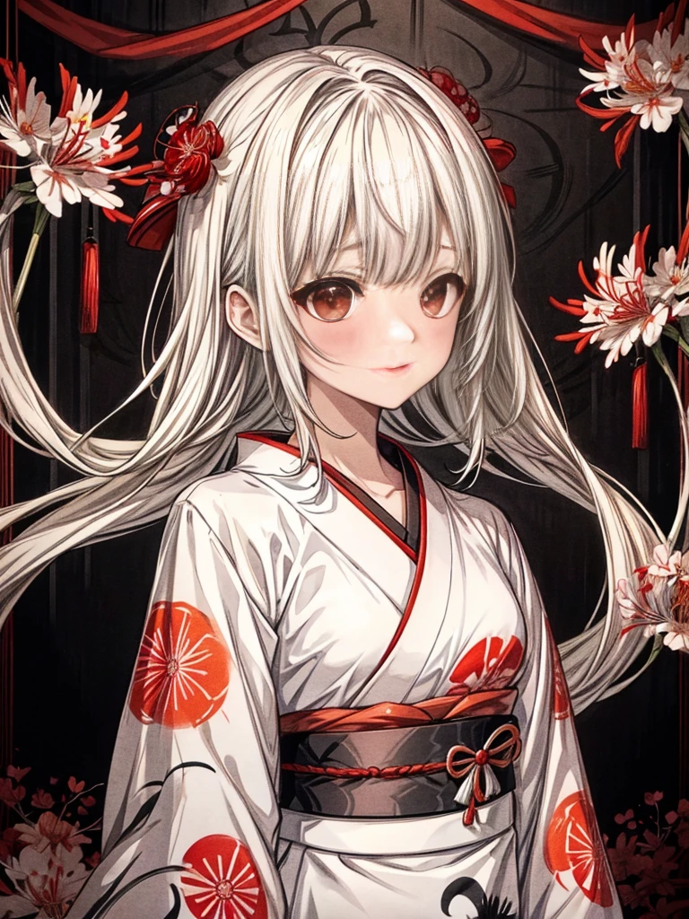 Une fille dans un kimono debout avec une épée japonaise, cheveux blancs mi-longs, les yeux rouges, lèvres rouges, Kimono avec des lys araignées rouges sur fond noir, Motif splash rouge sur fond noir, super haute qualité, Détails ultra-fins, Motif kimono ultra fin,Fond de motif géométrique japonais、