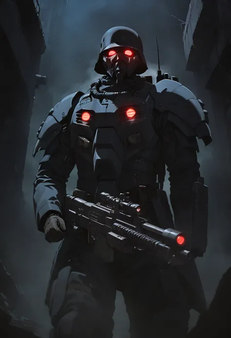 jin-roh!,1 boy,glowing,cowboy shot,strong,round eyes,backpack,no pupils,radio antenna,red eyes,dark,low-key,night,shadow,
sewer,...