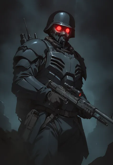 jin-roh!,1 boy,glowing,cowboy shot,strong,round eyes,backpack,no pupils,radio antenna,red eyes,dark,low-key,night,shadow,
sewer,...