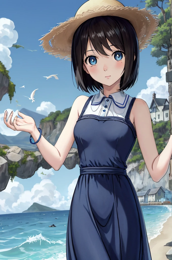 (masterpiece)、Highest quality、Ultra-high resolution、in front_Misaki、Short Hair、cute、Black long dress、Cobblestone Street、 face、blue sea、Beautiful Landscape、Straw hat、View your viewers、Wave one hand、The blazing sun、beautiful girl、Blue sky、Blue Water、Hollow Eyes、Clear water、Coca-Cola plastic bottles、