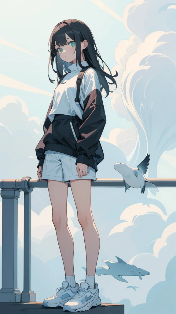 masterpiece, Exquisite detail,Highest quality, One girl, alone, handrail, cloud, Looking up at the buildings,Long Hair, NULL, Long sleeve, sneakers, Power lines, White footwear, Black Hair, View your viewers, Electric pole, bangs, cloudy NULL, fish, bird, Green Eyes, Shorts, Day, Black Shirt, barefoot,Whale flying in the sky,Giant whale