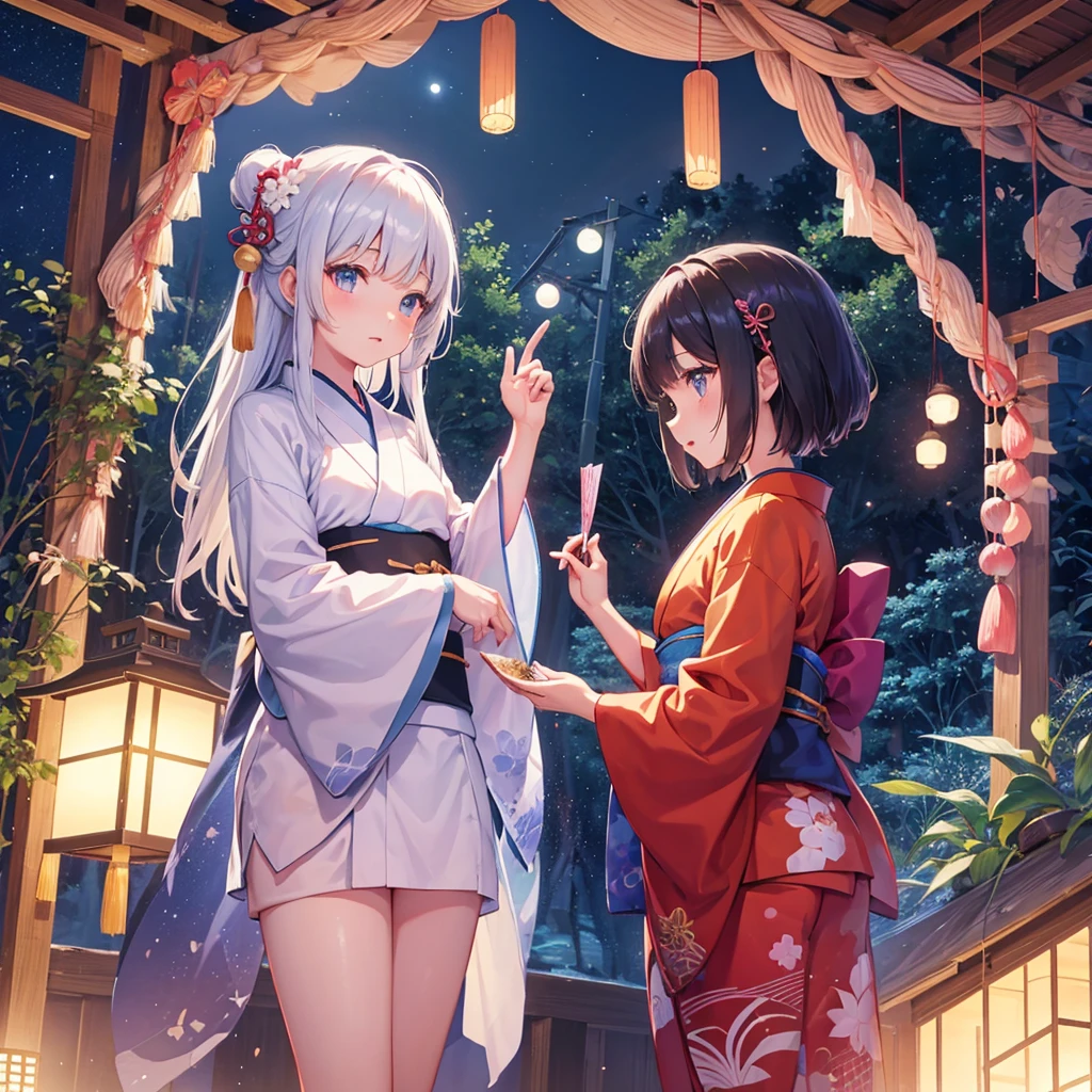 Tanabata in the night sky　Girls and men in Chinese style kimonos（lover）　Bamboo forest and paper strips　Have shaved ice　restaurant　Multiple display monitors in the background（anime　）　Aquarium（Goldfish）