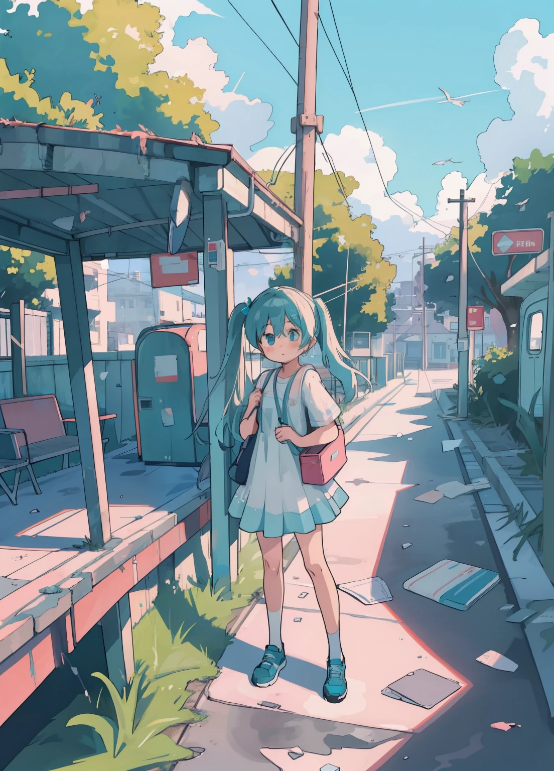 (masterpiece、Highest quality、Highest quality、Official Art、Beautiful and beautiful:1.2)、(One girl:1.3)Hatsune Miku、Twin tails,Beautiful breasts,masterpiece, Highest quality, High resolution, Highly detailed CG, Post-apocalyptic, Girl in a white dress on a broken white platform above the sea,  A deserted bus stop on the platform, Concrete debris scattered in the water, blue sky, Fresh, Simple, pastel colour