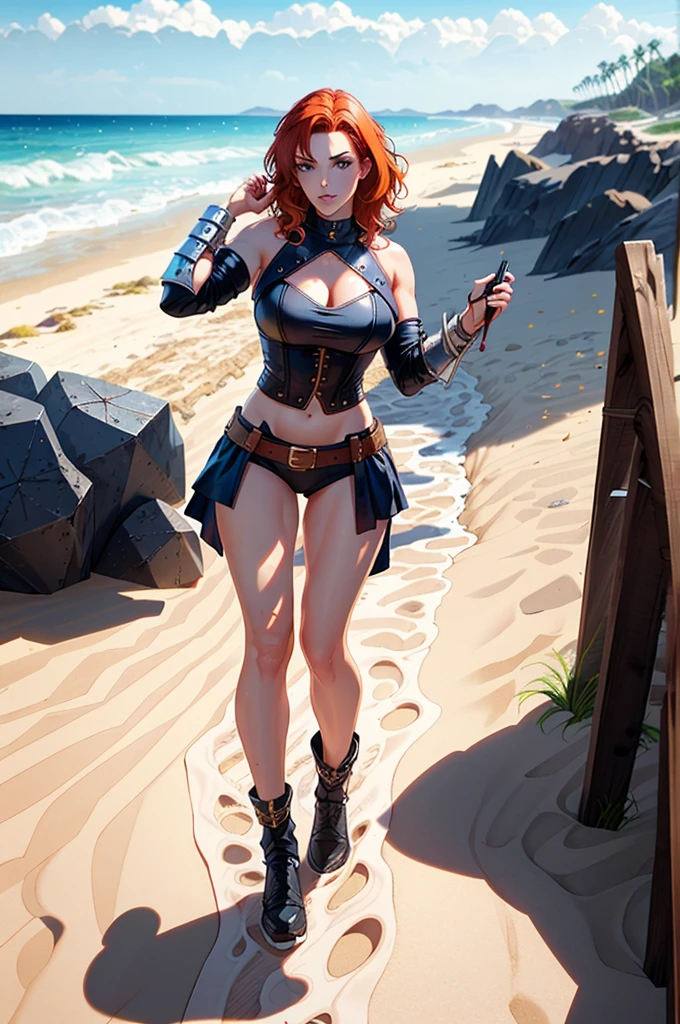 a woman with red hair, a very beautiful berserker woman, sultry body, with the face of Actress Ashley Greene,
 a pioneering barbarian pirate, wearing warrior leather armor, wearing left eye patch, similar to Red Sonja, Marvel heroine style, 8K, better quality and full body in the image, walking on the beach.