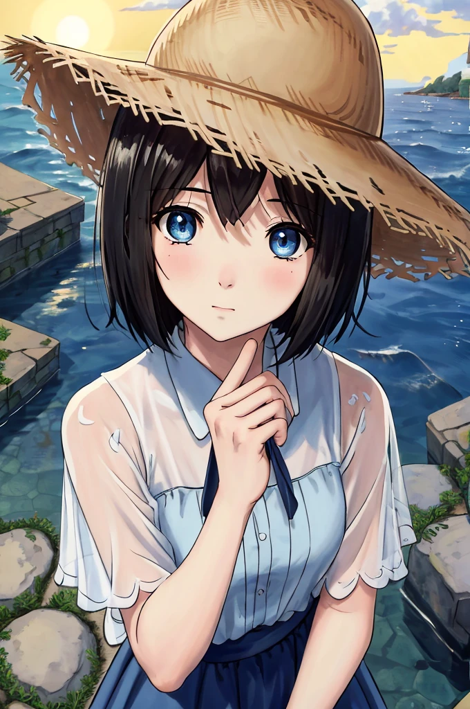 (masterpiece)、Highest quality、Ultra-high resolution、in front_Misaki、Short Hair、cute、Black long dress、Cobblestone Street、 face、blue sea、Beautiful Landscape、Straw hat、View your viewers、Wave one hand、The blazing sun、beautiful girl、Blue sky、Blue Water、Hollow Eyes、Clear water、Coca-Cola plastic bottles、Beautiful Landscape