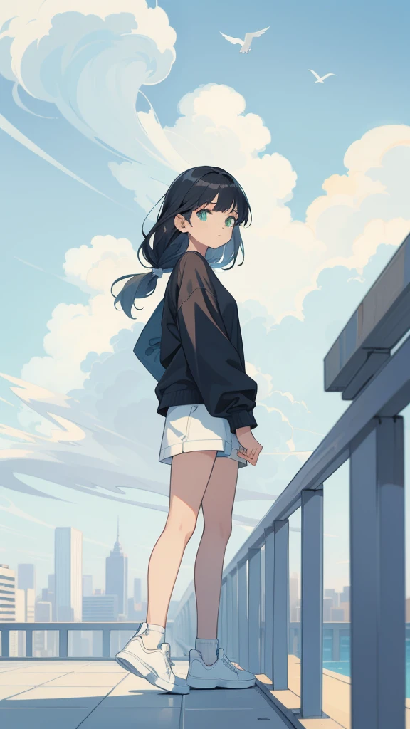 masterpiece, Exquisite detail,Highest quality, One girl, alone, handrail, cloud, Looking up at the buildings,Long Hair, NULL, Long sleeve, sneakers, Power lines, White footwear, Black Hair, View your viewers, Electric pole, bangs, cloudy NULL, fish, bird, Green Eyes, Shorts, Day, Black Shirt, barefoot,Whale flying in the sky,Giant whale,night,star,milky way,night