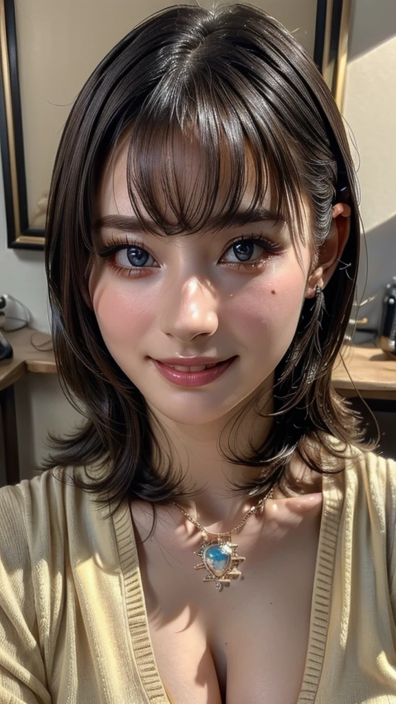 (high quality , Super detailed:1.2 ) , (Highly detailed beautiful face:1.4), ((Highest quality)), ((masterpiece)),((realistic:1.4)),smile ,beautiful woman, (be familiar with), perfect face、(8K, highest quality, masterpiece:1.2),(ultra high resolution:1.0),((Natural big breasts:1.2))