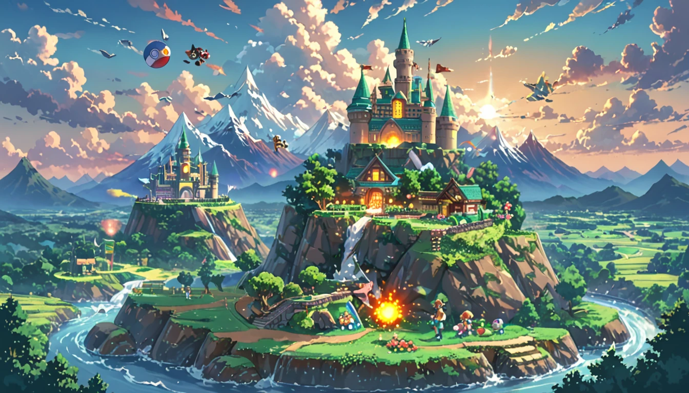 ((Anime: 1.4, Illustration)), (Masterpiece, Top Quality, Best Quality), (Ultra-Detailed, Absolutely Resolution), ((16k, HIGH RES)) (inspired by Nintendo. The scene should feature iconic elements like a vibrant, whimsical landscape with Mario, Link, and Pikachu. Include elements like the Super Mario castle, Hyrule's Triforce, and Poké Balls. The background should be colorful and playful, capturing the essence of classic Nintendo games. Use bright colors and dynamic poses to bring the characters to life in a joyful, adventurous setting.), ( Anime: 1.4, Illustration)), (Masterpiece, Top Quality, Best Quality), (Ultra-Detailed, Absolutely Resolution). Ak {Lofi Art, Style of Laurie Greasley, Style of Makoto Shinkai, Anime Aesthetic}, BREAK {(Produces IMAGES WITH ITH INFORMATION THAN 40 Million Pixels with Cinematic-Like Detailed Textures S Hot on a Sony slur).}