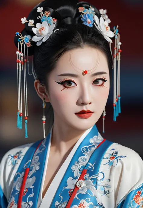 Half body portrait shooting，A cyberpunk-style Peking opera porcelain female character, an elegant AI goddess, with the tradition...