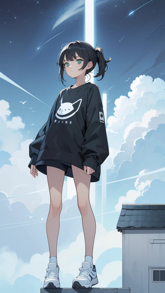 masterpiece, Exquisite detail,Highest quality, One girl, alone, handrail, cloud, Looking up at the buildings,Long Hair, NULL, Long sleeve, sneakers, Power lines, White footwear, Black Hair, View your viewers, Electric pole, bangs, cloudy NULL, fish, bird, Green Eyes, Shorts, Day, Black Shirt, barefoot,Whale flying in the sky,Giant whale,night,star,milky way,night,Pitch black,Buildings