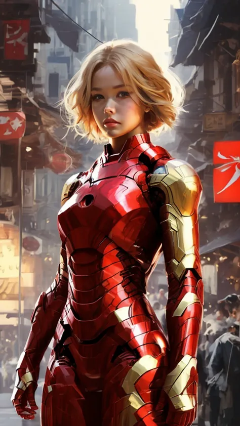 iron man design、simple design、18-year-old、blonde short hair、woman、womanのシルエット、large breasts、