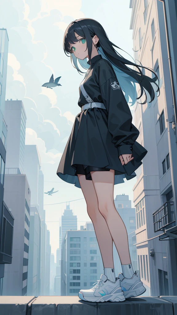 masterpiece, Exquisite detail,Highest quality, One girl, alone, handrail, cloud, Looking up at the buildings,Long Hair, NULL, Long sleeve, sneakers, Power lines, White footwear, Black Hair, View your viewers, Electric pole, bangs, cloudy NULL, fish, bird, Green Eyes, Shorts, Day, Black Shirt, barefoot,Whale flying in the sky,Giant whale,night,star,milky way,night,Pitch black,Buildings