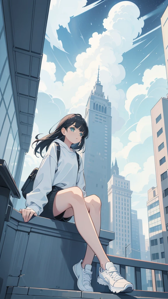 masterpiece, Exquisite detail,Highest quality, One girl, alone, handrail, cloud, Looking up at the buildings,Long Hair, NULL, Long sleeve, sneakers, Power lines, White footwear, Black Hair, View your viewers, Electric pole, bangs, cloudy NULL, fish, bird, Green Eyes, Shorts, Day, Black Shirt, barefoot,Whale flying in the sky,Giant whale,night,star,milky way,night,Pitch black,Buildings