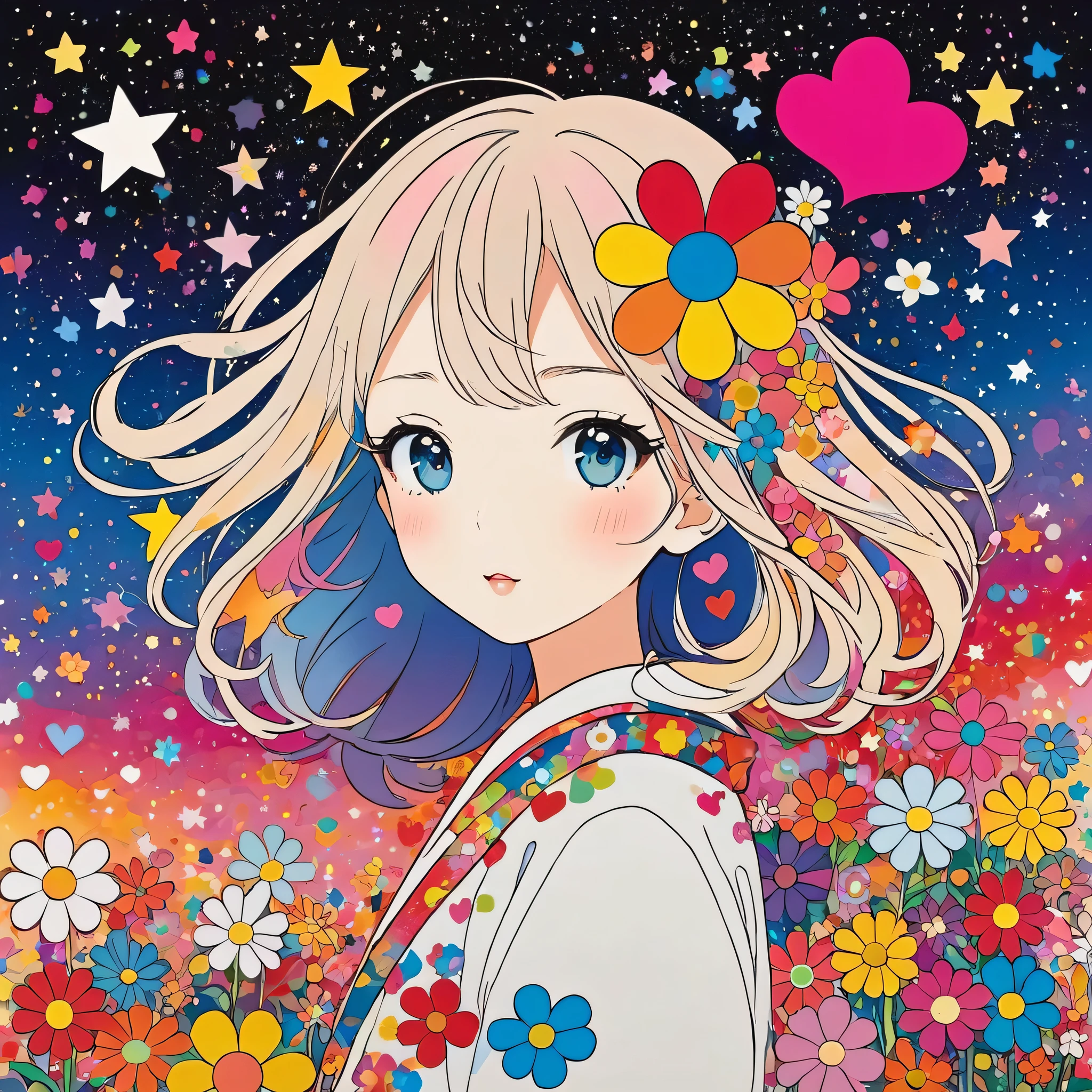 El estilo Takashi Murakami, Inicialismo de línea simple，Arte abstracto，Diseño elegante, La chica más bella de todos los tiempos., El fondo es polvo de estrellas., corazones de colores, Flores coloridas,
